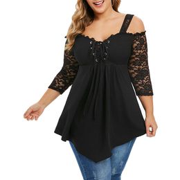 6XL Plus Size Women Shirt Off Shoulder Ladies Tops Lace Long Sleeve Black Blouses Shirt Casual Irregular Streetwear femme D25 210302