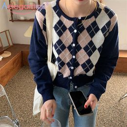 Aelegantmid Cute Korean Colour Block Cropped Argyle Cardigan Sweater Spring Elegant Kawaii Female Knit Short Chic 210607