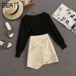 DEAT Women Black Round Neck Top Asymmetrical Leather Skirt Short Two Piece Set Temperament Fashion Spring Summer 210709