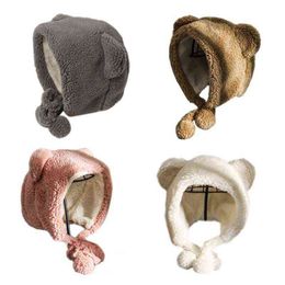 Women Winter Thicken Plush Earflap Hat Cute Cartoon Bear Ears Pompom Chin Strap Outdoor Windproof Thermal Beanies Trapper Y21111