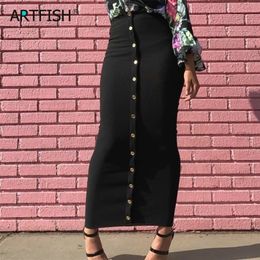 Bodycon Plus Size Autumn Women High Waist Skirts Button Maxi Long Skirt Femme Sexy Pencil Bodycon Skirts Solid Black GV799 210310