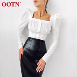 OOTN Square Neck White Shirt Female Pleated Tunic Women Blouse Elegant Puff Sleeve Top Black Office Ladies Blouse Cotton Blue 210225