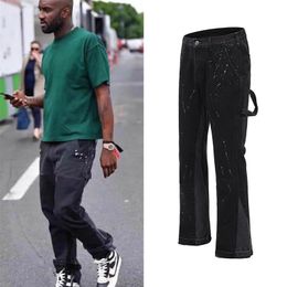 Urban Streetwear Flare Pants Black Wide Leg Jeans Hip Hop Splashed Ink Trousers Men Patchwork Slim Fit Denim for 211108