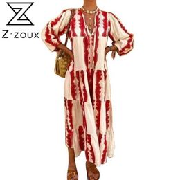 Women Dress V Neck Long Sleeve Printed Bohemia es Sexy Print Maxi Patchwork Loose Plus Size es 210524