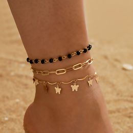 Classic Chic Butterfly Charm Anklet Multi-layers Black Crystal Tassels Butterfly 3-Pieces Anklet Set Jewelry