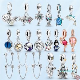 luxury- 925 Sterling Silver Firefly Safety Chain Blue Scaled Fish Charm Beads Fit Pandora DIY Jewellery Making lady pendants gift