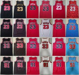 Retro Basketball Retro Michael Jersey 23 Scottie Pippen 33 Dennis Rodman 91 Stripe Black Red White Blue Colour Breathable Shirt For Sport Fans Vintage Men Throwback
