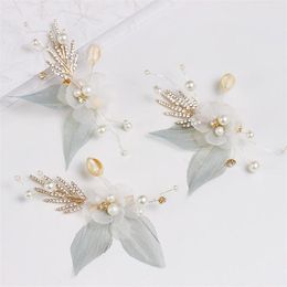 Bridal Headwear Mori-Style Rhinestone Leaf Handmade Flowers Green Leaves Hair Clip Set Wedding Yarn Hair Accessories