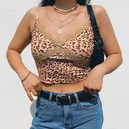 Patcwhork Lace Leopard Spaghetti Strap Top Sleeveless 90s Crop Top Tee Frill Sexy Cami Top Summer Streetwear 210527