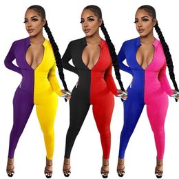 Women's Jumpsuits & Rompers Front Zipper Up Sexy One Piece Bodysuit Women Deep V Neck Long Sleeve Jumpsuit Plus Size Color Bl200J