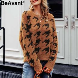 BeAvant Houndstooth knitted mohair sweater women Casual soft female winter pullovers jumper O-neck autumn ladies sweaters 210709