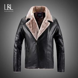 Winter Leather Jacket Men Vintage Motorcycle Fur Lined Lapel Faux Warm Suede Coat Mens 211009