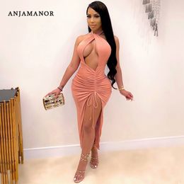 ANJAMANOR Sexy Club Dress Women Party Outfit Pink Black Hollow Out Halter Backless High Split Long Maxi Dresses D42-CF26 X0521