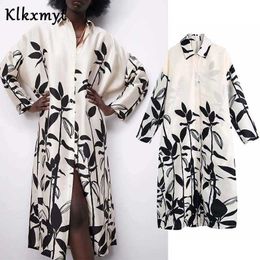 Klkxmyt Za Women Vintage Leaves Print Casual Loose Shirt Dress Female Chic Long Sleeve Vestido Button Kimono Dresses 210527