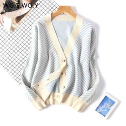 WOTWOY Single Breasted Stripe Cropped Cardigan Women Botton Up Cotton Sweaters Autumn Winter Casual Knitwear Female V-Neck 210914