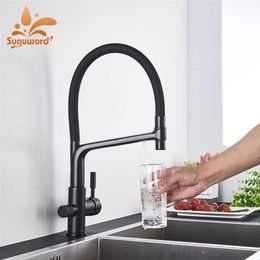 Suguword Matte Black Pure Water Philtre Kitchen Faucet Pull Down Spout Filtered Dual Handle Brass Cold Mixer Tap 17 Types 211108