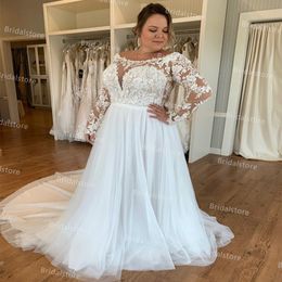 Big White Boho Wedding Dresses With Lace Long Sleeve Scoop A Line Tulle Country Bridal Dress 2021 Plus Size Women Floor Length Appliques Bohemian Bride Wear