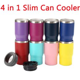 4 in 1 14oz Tumbler Stainless Steel Slim Cola Can Double Wall Vacuum Insulated Bottle Beer Cans Cooler with Two Lids