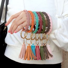 New Silicone Keychain O Wear Bracelet Key Chain Portable Circle Wristlet Durable Wave PU Wrist Strap Tassel Pendant Key Ring