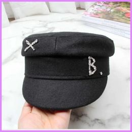 Designer Rhinestone Embroidered Wool Tweed Autumn Winter Navy Hats Girl Bailey Flat Top Cap Women Mens Caps D2112