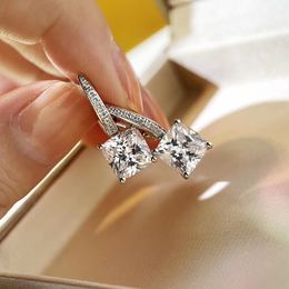 S925 silver drop earring with sparkly square diamond in large sise and small one for women party wedding engagement Jewellery gift PS4188