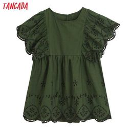 Tangada Women Green Embroidery Romantic Blouse Shirt Ruffles Short Sleeve Summer Shirt Tops 6H21 210609