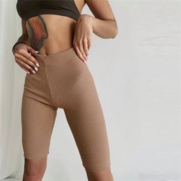 WOTWOY Summer Skinny Knitted Shorts Women Casual Solid Elastic High Waist Female Slim Fit Knee Length Cotton Lady 210722