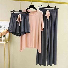 Women Sleeve Tops Shorts Trousers Pajamas Modal Nightwear Pyjama Girl Lingerie Sleepwear Clothes Casual Homewear 210809