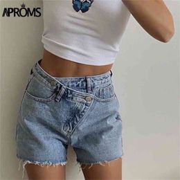 Aproms Vintage Tassel Blue Denim Shorts Women Casual High Waist Bottoms Summer Streetwear Fashion Solid Color Jeans 210714