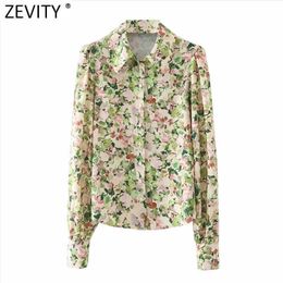 Zevity Women Sweet Floral Print Breasted Casual Smock Blouse Office Lady Puff Sleeve Business Shirt Chic Blusas Tops LS7513 210603