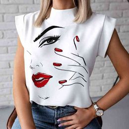 Fashion Women Elegant Lips Print Tops and Blouse Shirts 2021 Summer Ladies Office Casual Stand Neck Pullovers Eye Blusa Tops H1230