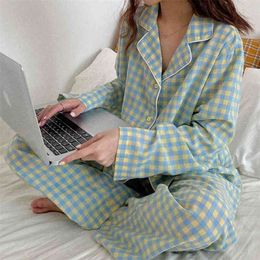 Korean Purple Grid Girls Pajamas Set Cute Winter Long Sleeve Leisure Sleepwear For Women Loose Nightwear Homewear Suit 210809