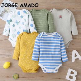 Spring Summer Baby Bodysuits Cotton 5-piece Clothes Boys and Girls Cartoon Floral Stripe Dot Long Sleeve Romper E597 210610