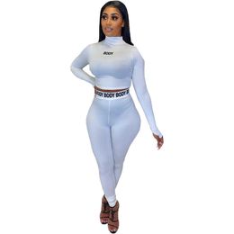 Women Fitness Tracksuits Two Pieces Set Plastic Tight Letter Printing Sexy High Waist Long Sleeve Tops Pants Solid Colour 5 Colours Ladies Outfits