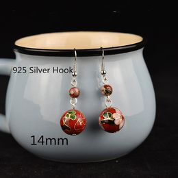 Handmade Polished Cloisonne Filigree 14mm Beaded Charm Earrings Enamel Eardrop Jewellery 925 Silver Ear Hook Dangle Accessories Women Gift