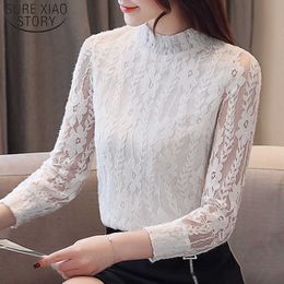 Autumn Fashion Lace Solid Long Sleeve Women Blouse Blusas Mujer De Moda Hollow Elegant Print Women Shirt ladies top 7202 50 210527