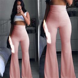 Frühling Sommer Frauen Mode Frau Hosen Hippie Hohe Taille Bell Bottoms Damen Stretch Flare Hose Solide Rosa 210915