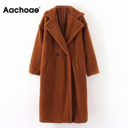 Aachoae Winter Casual Solid Teddy Coat Women Long Sleeve Fleece Jacket Turn Down Collar Lamb Fur Outerwear Fourrure