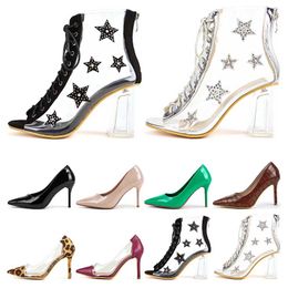 Hot sale-Dress Shoes high heels womens stiletto heel Western style black Nude green Leopard sexy fashion Pointed toes 8CM patchwork