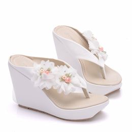 Sexy Mules Shoes Women Wedges High Heel Slippers Women Summer Open Toe Flip Flops Slides Ladies Shoes White Big Size