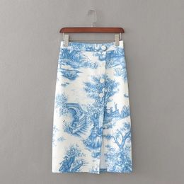 Women Chinese style printing Midi Skirt New Casual Ladies Slit Pencil Skirt P1839 210309