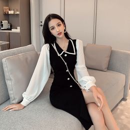 new women dress fashion winter snow spins knitting stitching color long sleeve dress 210316