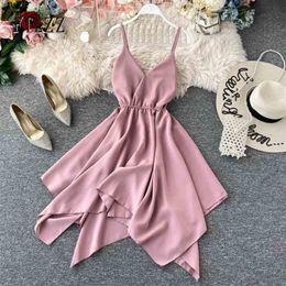 Sexy C-neck Beach Dress Women Slim Spaghetti Strap Backless Summer Dresses Fashion Irregular Hem Bohemia Robe 210525