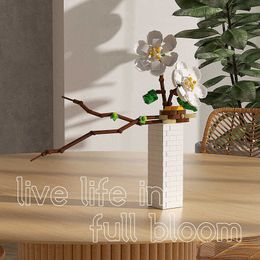 MOC Retro Chinese Style Plants Vase Potted Flowers Peach Blossom Building Blocks Brick Accessories Model Kids Educational Toys Q0823