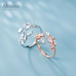 Rose Gold Colour Shining AAA Zircon Leaves Ring for Women 925 Sterling Silver Wedding Engagement Jewellery Free Size 210707