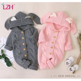 Autumn Newborn Cardigan Hooded Rompers Baby Girl Boy Clothes Fashion Infant Costume Kids Toddler Knit Jumpsuit 210309