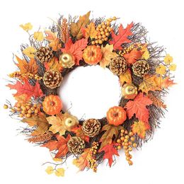 45CM Autumn Wreath Christmas Holiday Decor Thanksgiving Garland Window Restaurant Home Pumpkin Maple Leaf Decoration Wreath Door 211104