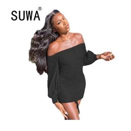 All Black Women Dress Summer Slash Collar Long Sleeve Bodycon Front Bandage Vintage Casual Mini Clubwear 210525