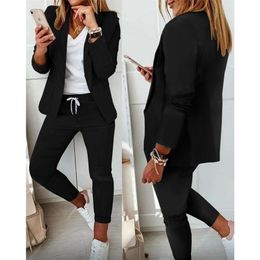 Office Lady Black Solid Lapel Neck Blazer Coat Jacket & Drawstring Ankle Length Pants 2 Piece Set Women Autumn Winter Clothes 220315