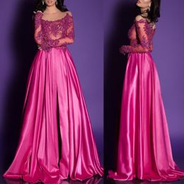 202l Cool pink Evening dress with Appliqued Lace long-sleeve Ruched Satin Prom Dress Floor-length Custom Made Party Gown